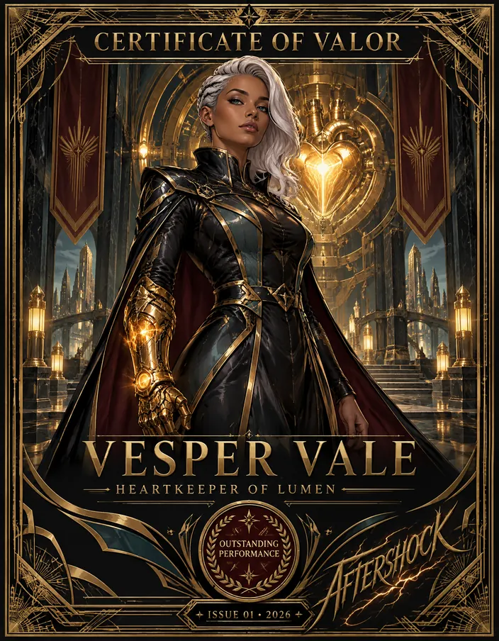 Certificate of Valor honoring Vesper Vale, Heartkeeper of Lumen City